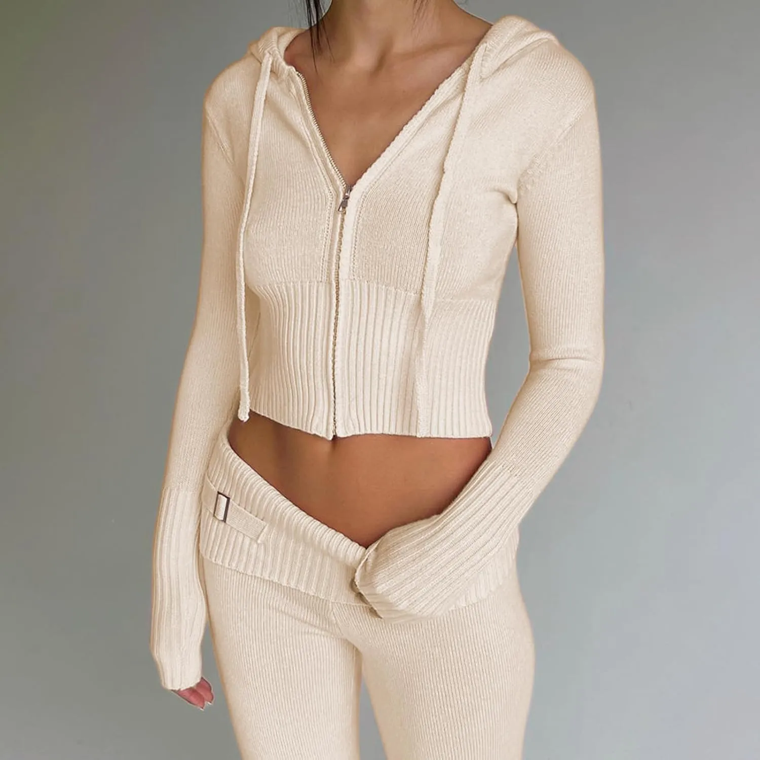 SOLILOQUY Women 's Two Piece Outfits Sweater Set Rib-Knit Pullover Top Skinny Pants Set Jumpsuit Tracksuit Loungewear