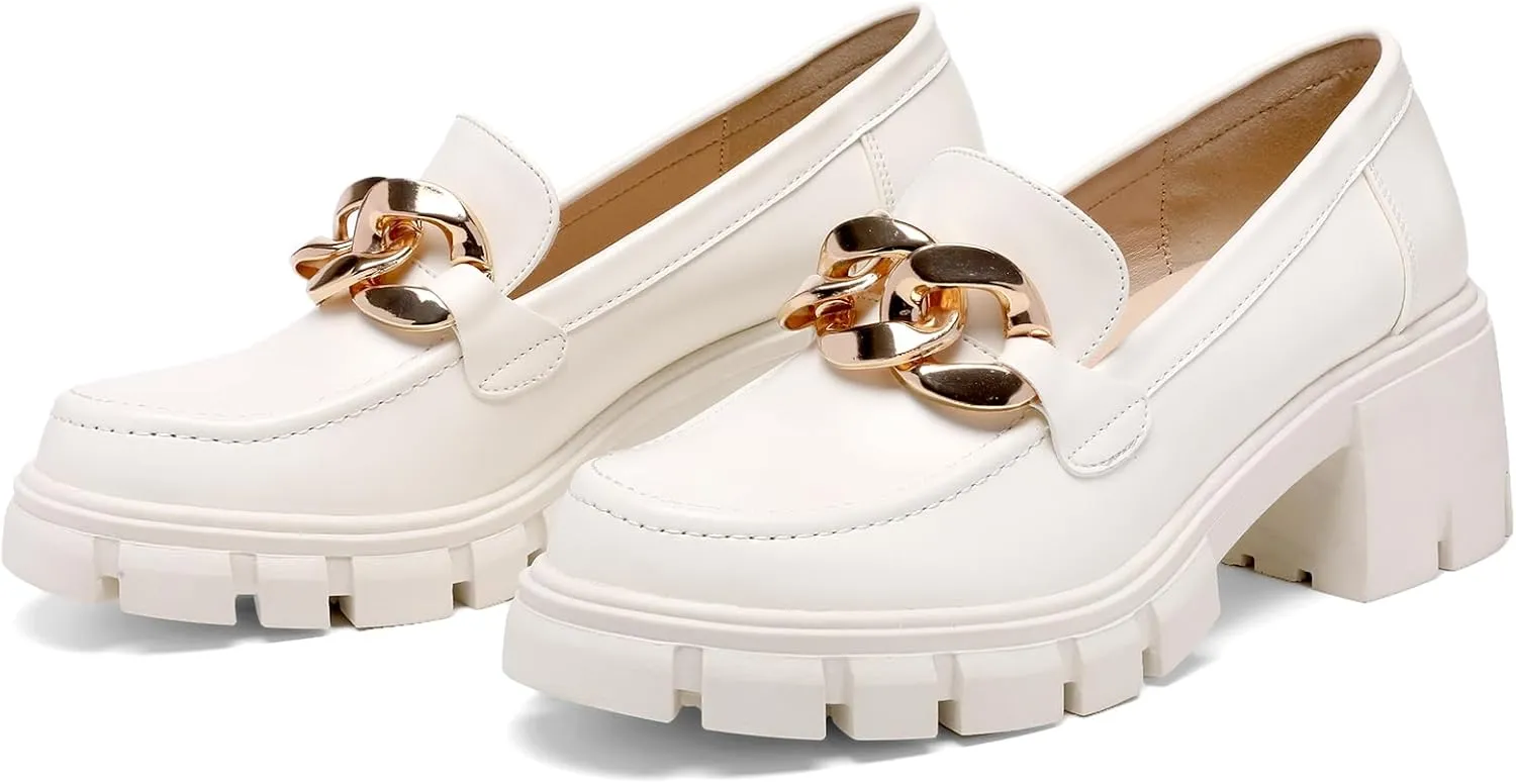 STUNAHOME Women's Platform Loafers with Chain Fashion Round Toe Slip On Chunky Heel Lug Sole Loafers Shoes Penny Casual Business Shoes