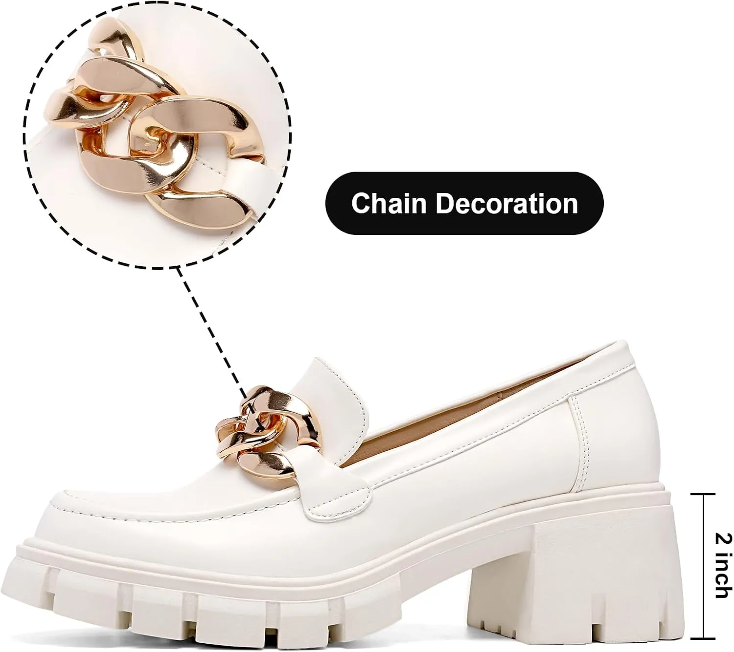STUNAHOME Women's Platform Loafers with Chain Fashion Round Toe Slip On Chunky Heel Lug Sole Loafers Shoes Penny Casual Business Shoes