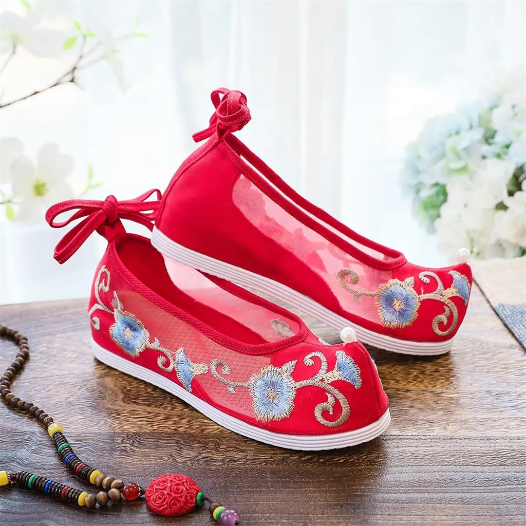 Summer Women Patchwork Gauze Cotton Chinese Style Platform Flats Vintage Ladies Ankle Strap Costume Shoes White Red