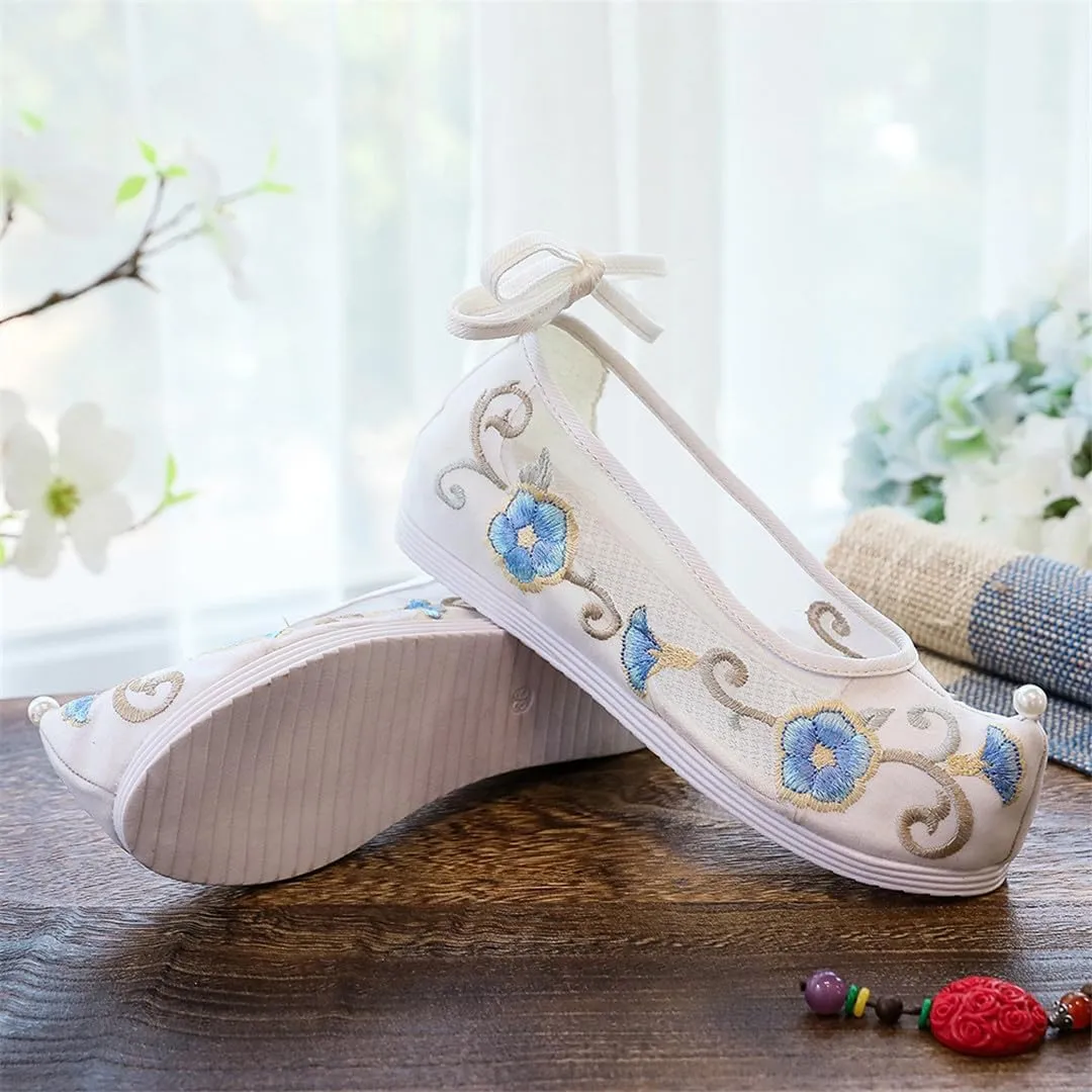 Summer Women Patchwork Gauze Cotton Chinese Style Platform Flats Vintage Ladies Ankle Strap Costume Shoes White Red