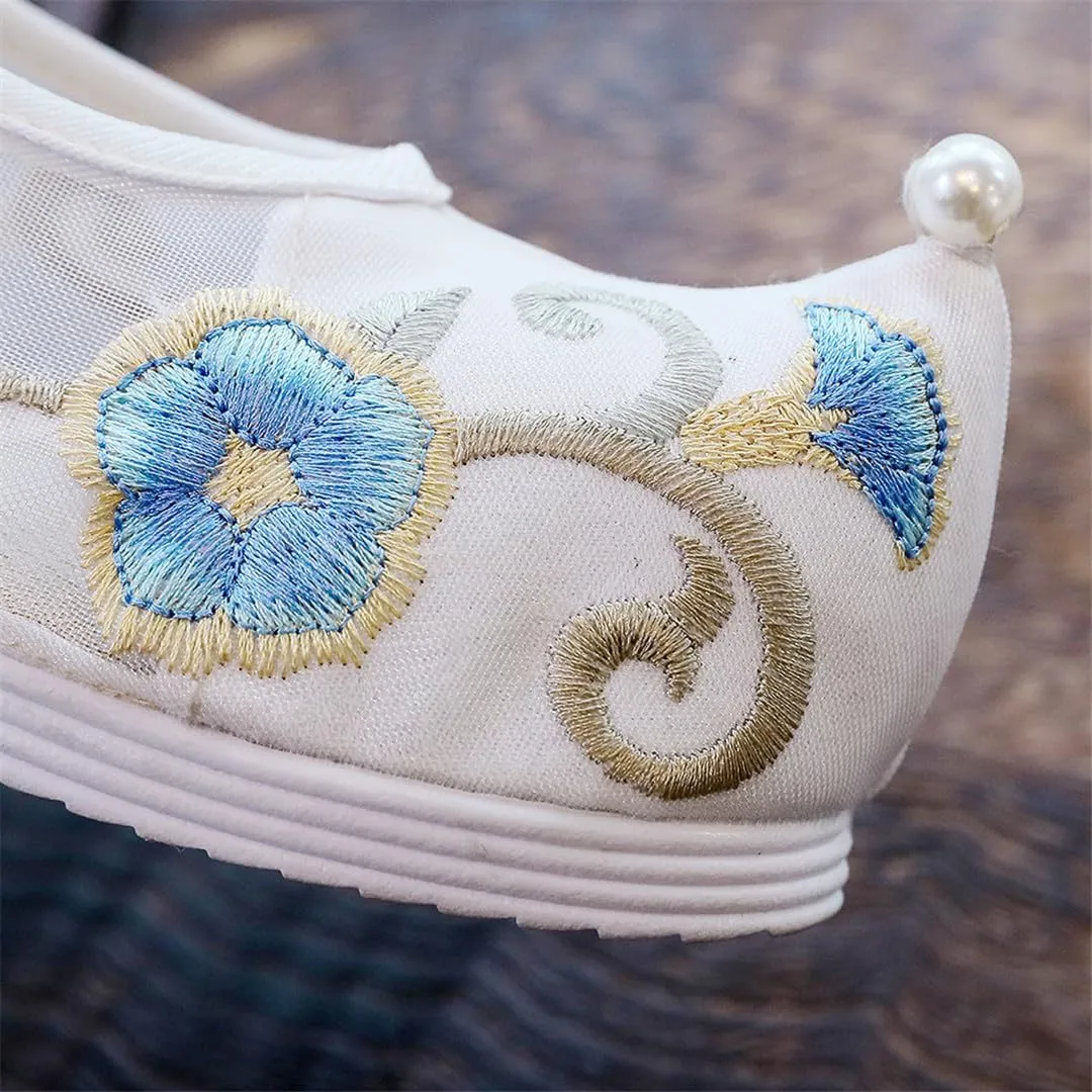 Summer Women Patchwork Gauze Cotton Chinese Style Platform Flats Vintage Ladies Ankle Strap Costume Shoes White Red