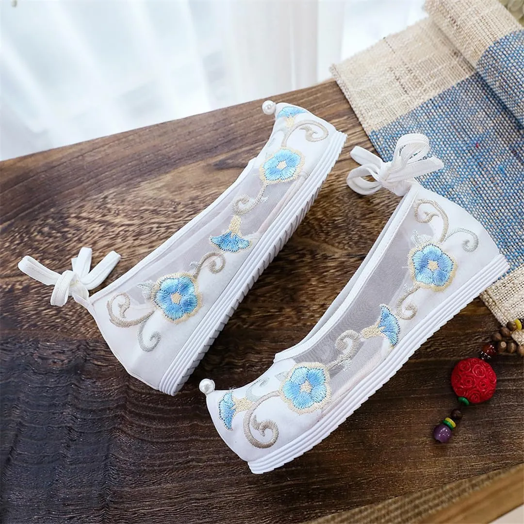 Summer Women Patchwork Gauze Cotton Chinese Style Platform Flats Vintage Ladies Ankle Strap Costume Shoes White Red