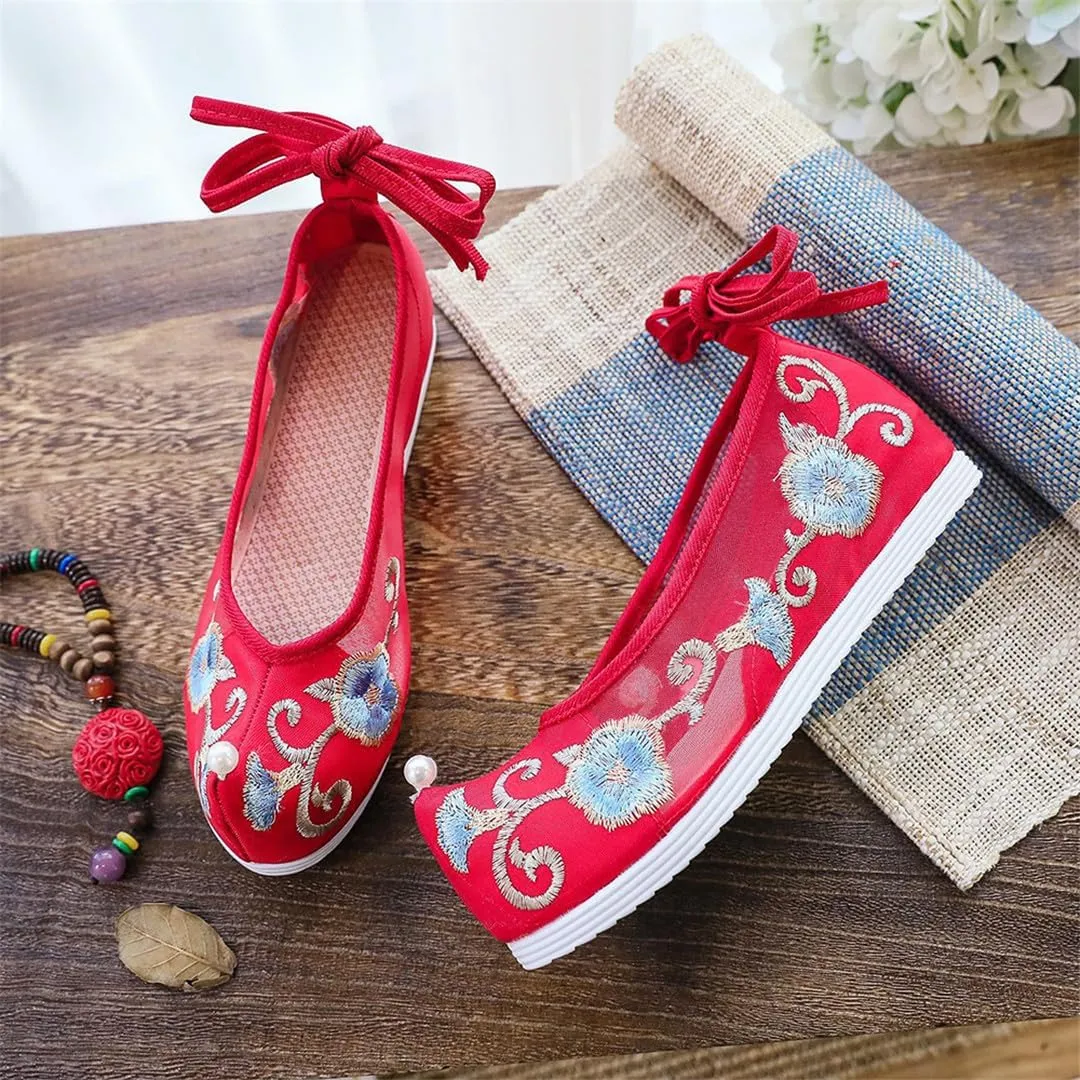 Summer Women Patchwork Gauze Cotton Chinese Style Platform Flats Vintage Ladies Ankle Strap Costume Shoes White Red