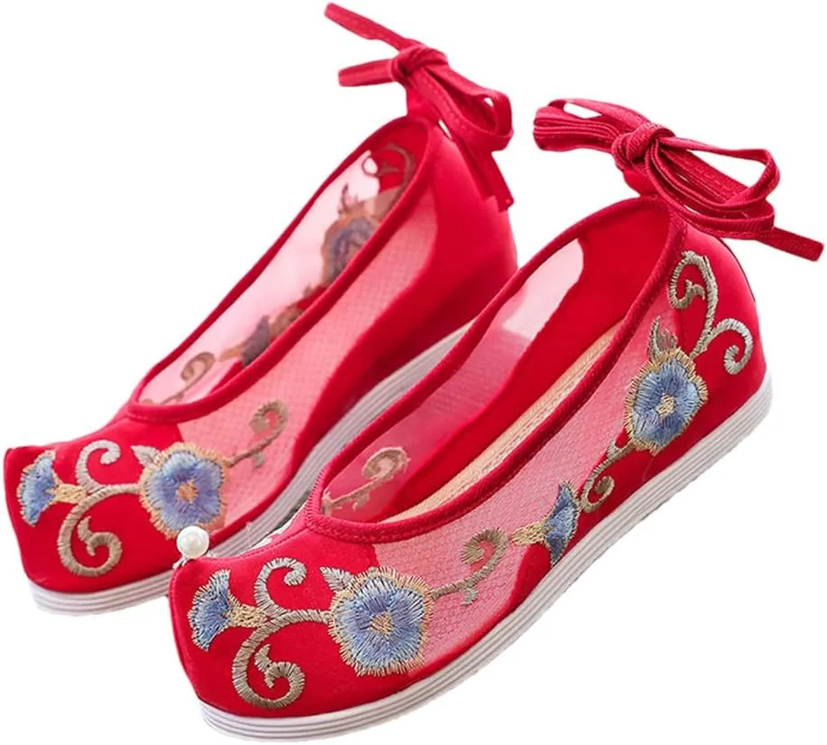 Summer Women Patchwork Gauze Cotton Chinese Style Platform Flats Vintage Ladies Ankle Strap Costume Shoes White Red
