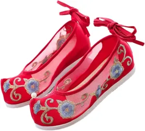 Summer Women Patchwork Gauze Cotton Chinese Style Platform Flats Vintage Ladies Ankle Strap Costume Shoes White Red