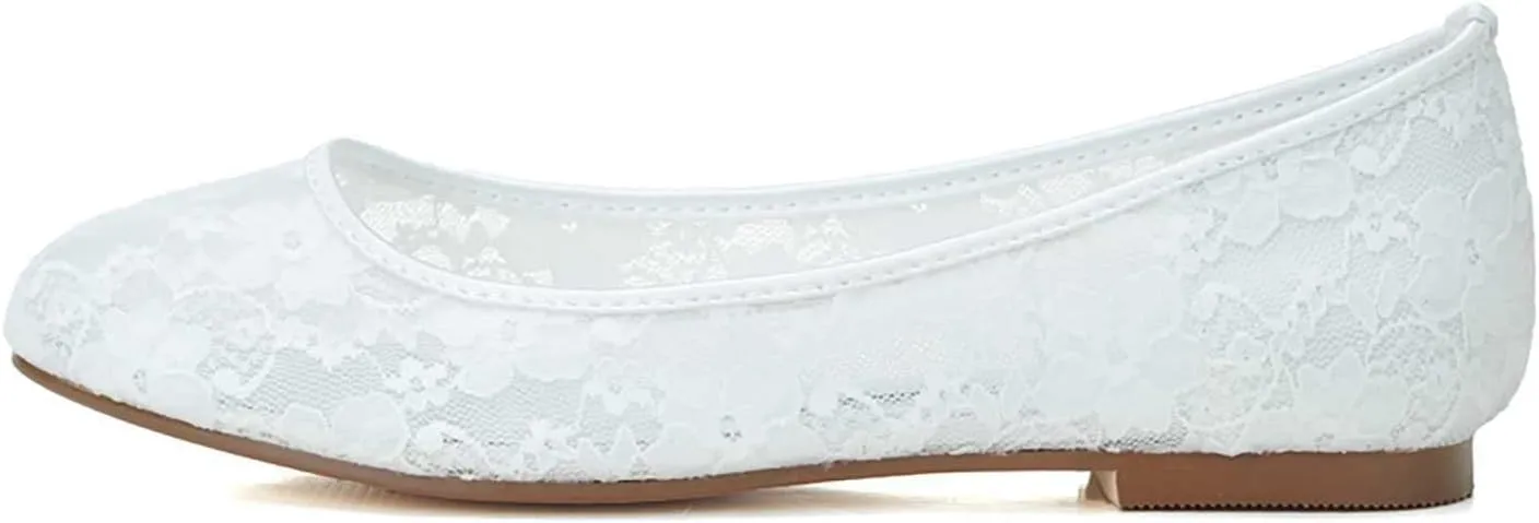 TarfiC Bridal 9872-19 Women's Wedding Shoes Peep Toe Flat Heel Satin Flats with Slip On Lace Flower Bridal Shoes