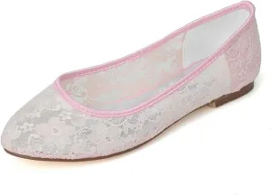 TarfiC Bridal 9872-19 Women's Wedding Shoes Peep Toe Flat Heel Satin Flats with Slip On Lace Flower Bridal Shoes