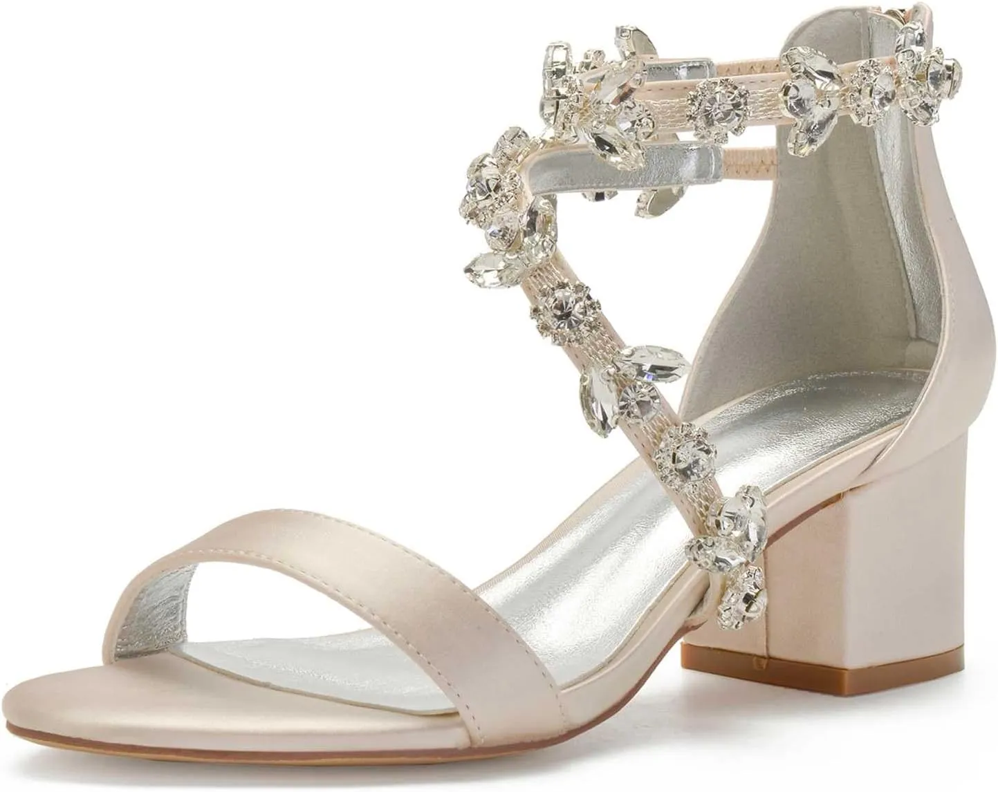 TarfiC Open Toe Heels for Women -Black Nude Gold Silver Rhinestones Zipper Heels Low Block Chunky Women Pumps with Ankle Strap -2.16 Inch