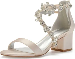 TarfiC Open Toe Heels for Women -Black Nude Gold Silver Rhinestones Zipper Heels Low Block Chunky Women Pumps with Ankle Strap -2.16 Inch