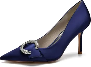 TarfiC Satin Wedding Shoes Closed Toe Slip On Rhinestone Bridal Shoes Women Mary Jane Low Heels Pumps Wedding Dress Shoes