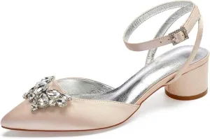 TarfiC Wedding Shoes for Bride Low Heel Women Bridal Shoes Closed Toe Rhinestones Pointed Toe Block Heels Buckle Satin Wedding Bridal Court Shoes