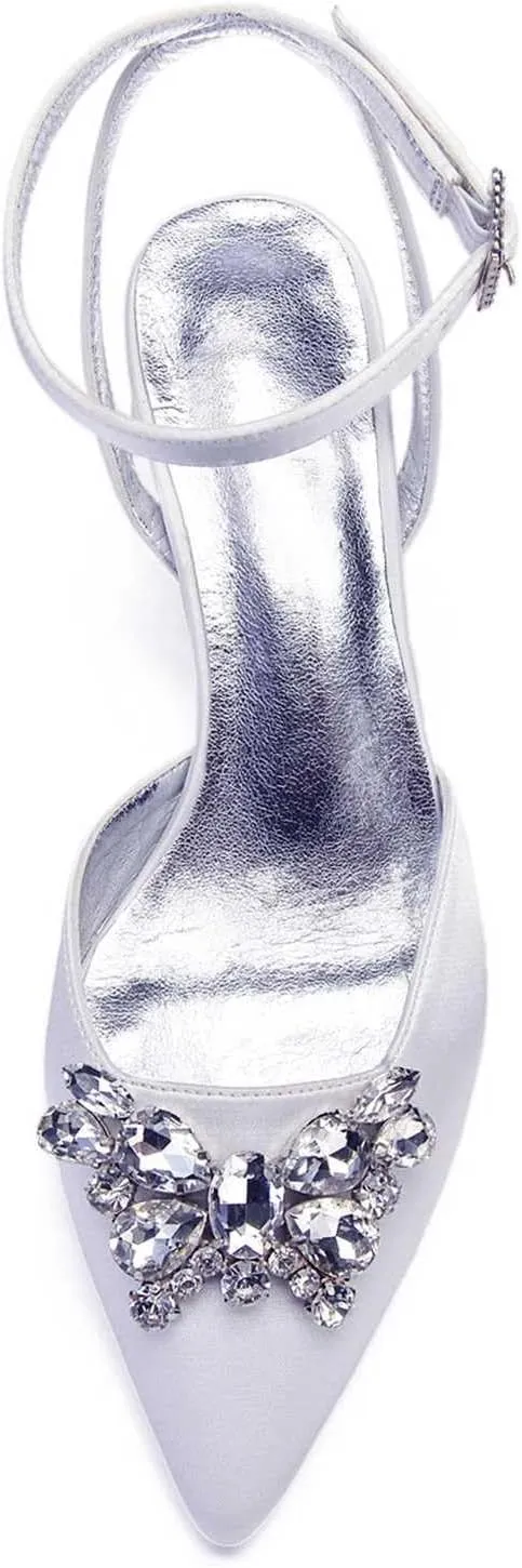 TarfiC Wedding Shoes for Bride Low Heel Women Bridal Shoes Closed Toe Rhinestones Pointed Toe Block Heels Buckle Satin Wedding Bridal Court Shoes