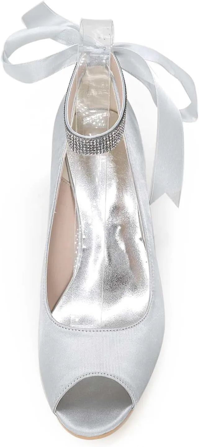 TarfiC Wedding Shoes for Bride Open Toe Bridal Shoes Wedge Rhinestone Pumps Mary Jane Satin Wedding Shoes