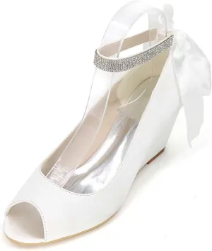 TarfiC Wedding Shoes for Bride Open Toe Bridal Shoes Wedge Rhinestone Pumps Mary Jane Satin Wedding Shoes
