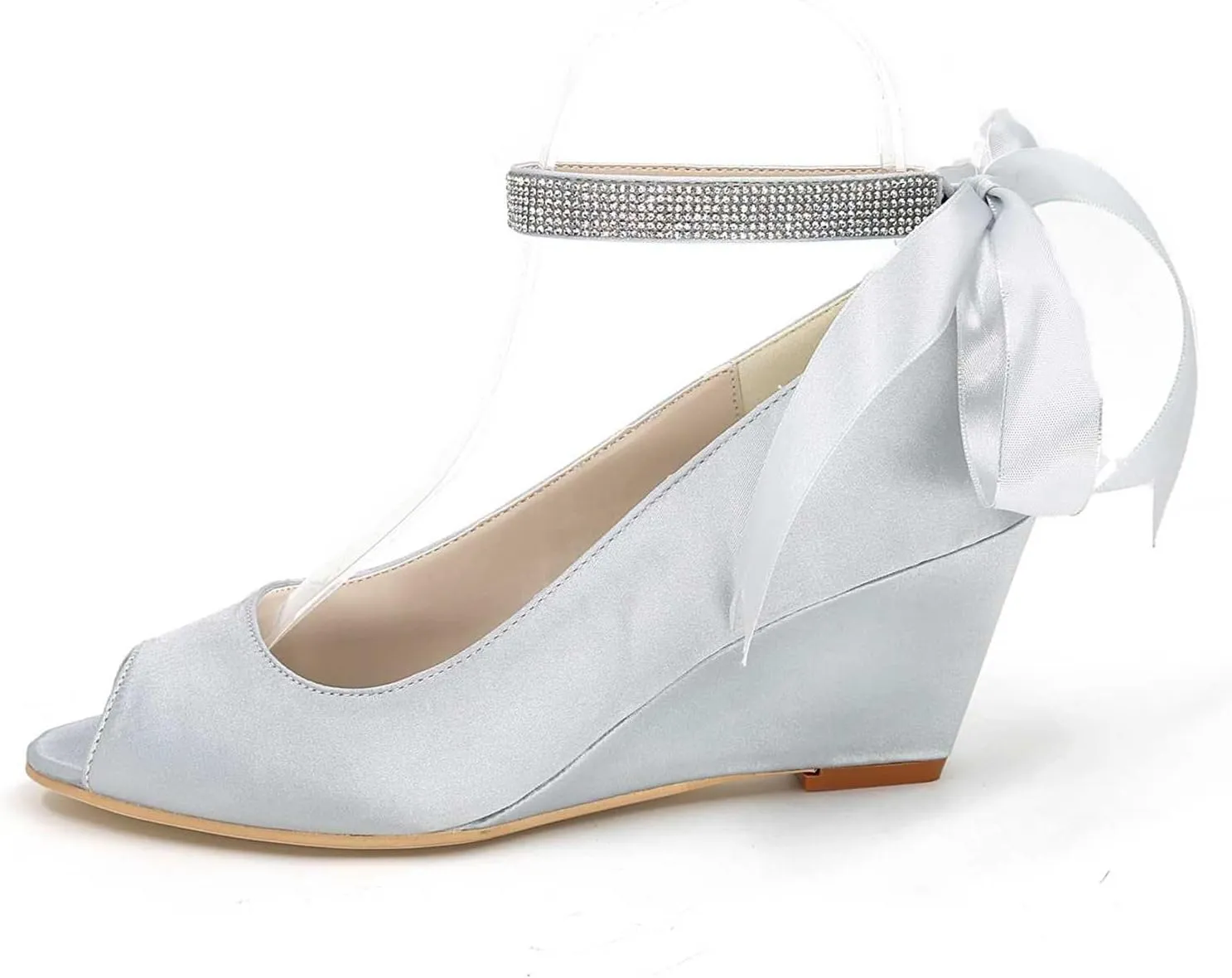 TarfiC Wedding Shoes for Bride Open Toe Bridal Shoes Wedge Rhinestone Pumps Mary Jane Satin Wedding Shoes