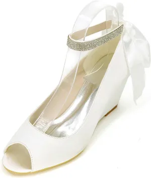 TarfiC Wedding Shoes for Bride Open Toe Bridal Shoes Wedge Rhinestone Pumps Mary Jane Satin Wedding Shoes
