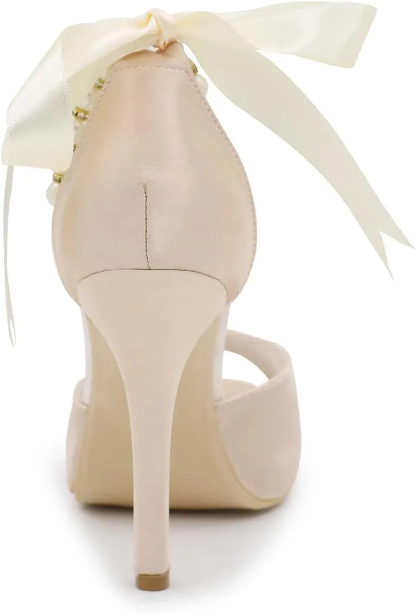 TarfiC Women's Peep Toe Party Wedding Low Heel Kitten Heels,Adjustable Strap Ivory Dress Sandals Pumps High Heeled Prom Dress Shoes