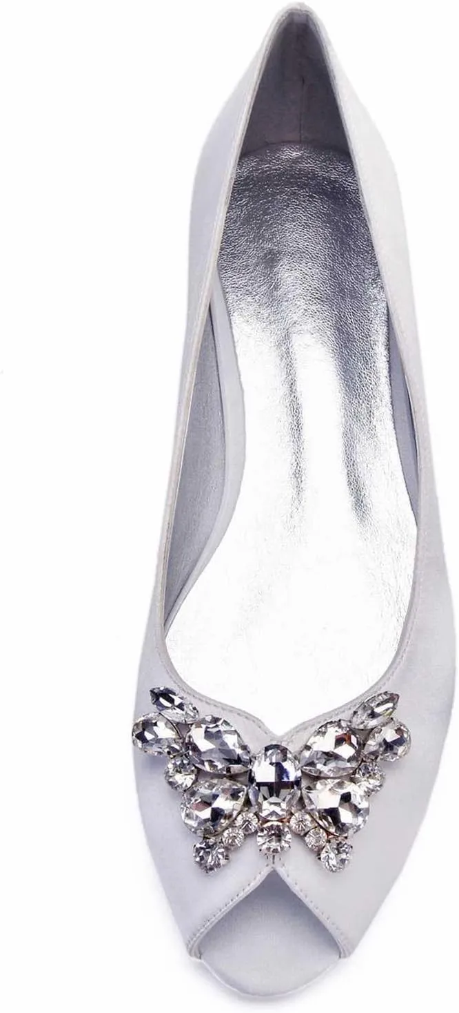 TarfiC Women's Satin Wedding Flats for The Bride Bridal Shoes with Rhinestones, Formal Peep Toe Design Slip-On Flats, Ballet Flats for Special Occasions