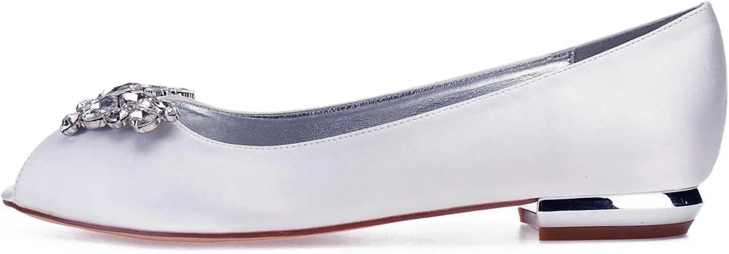TarfiC Women's Satin Wedding Flats for The Bride Bridal Shoes with Rhinestones, Formal Peep Toe Design Slip-On Flats, Ballet Flats for Special Occasions