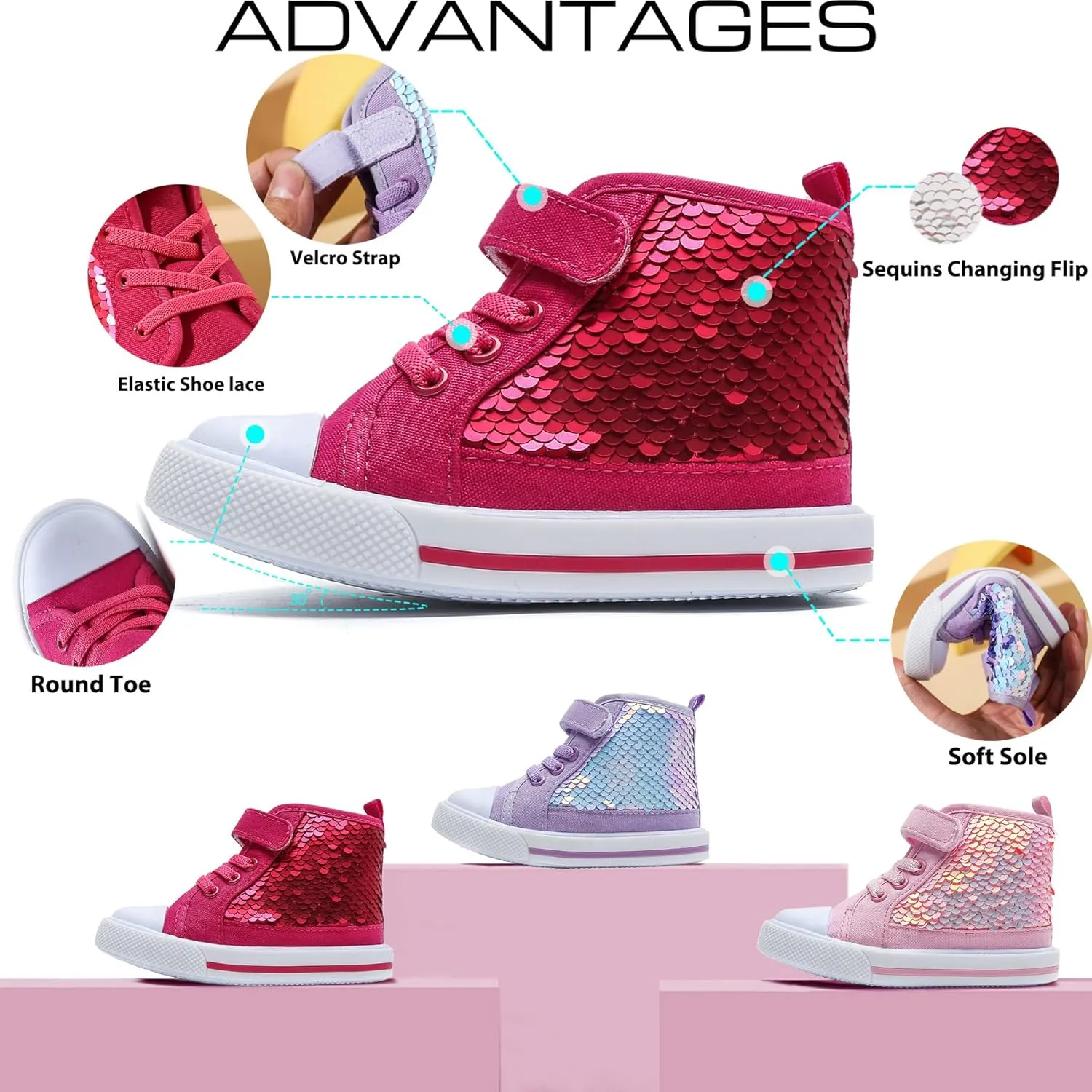 Toddler Girls Sequin Sneakers High Top Canvas Sneaker Fashion Sparkle Shoes for Girls Dressy
