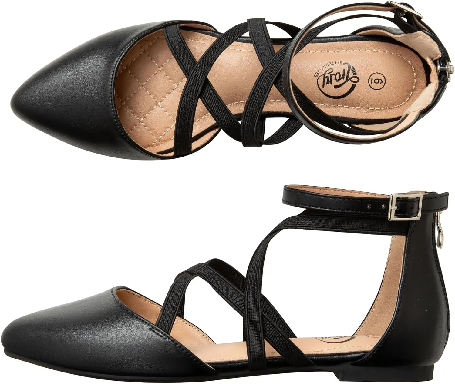 Trary Black Flats for Women, Mary Jane Shoes, Ballet Flats with Ankle Strap, Dressy Comfortable Pointed Toe Shoes