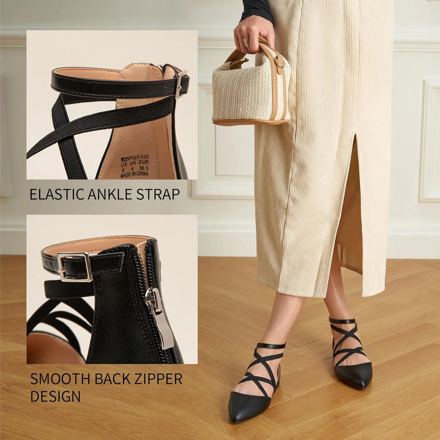 Trary Black Flats for Women, Mary Jane Shoes, Ballet Flats with Ankle Strap, Dressy Comfortable Pointed Toe Shoes