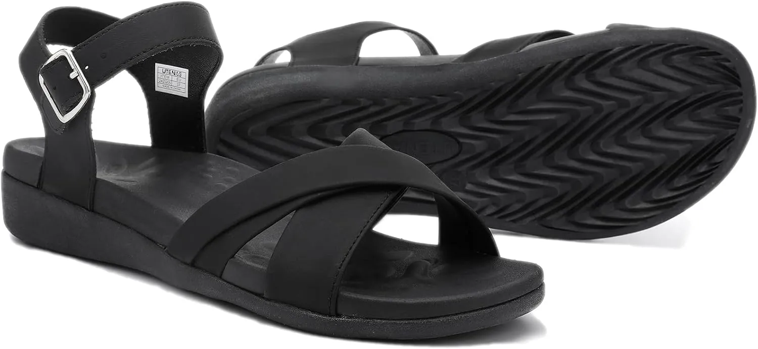 UTENAG Women's Comfortable Walking Flat Sandals Arch Support Ankle Strap Strappy Sandals