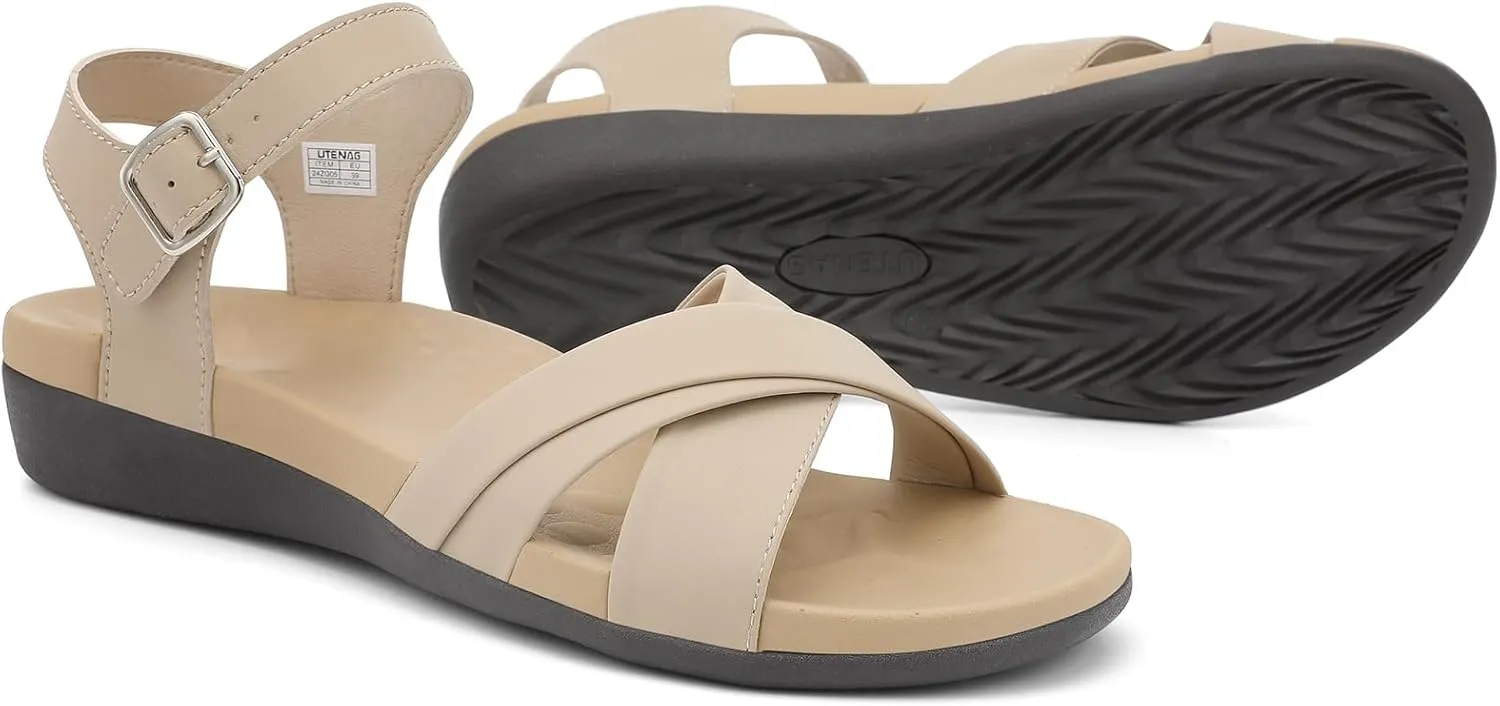 UTENAG Women's Comfortable Walking Flat Sandals Arch Support Ankle Strap Strappy Sandals