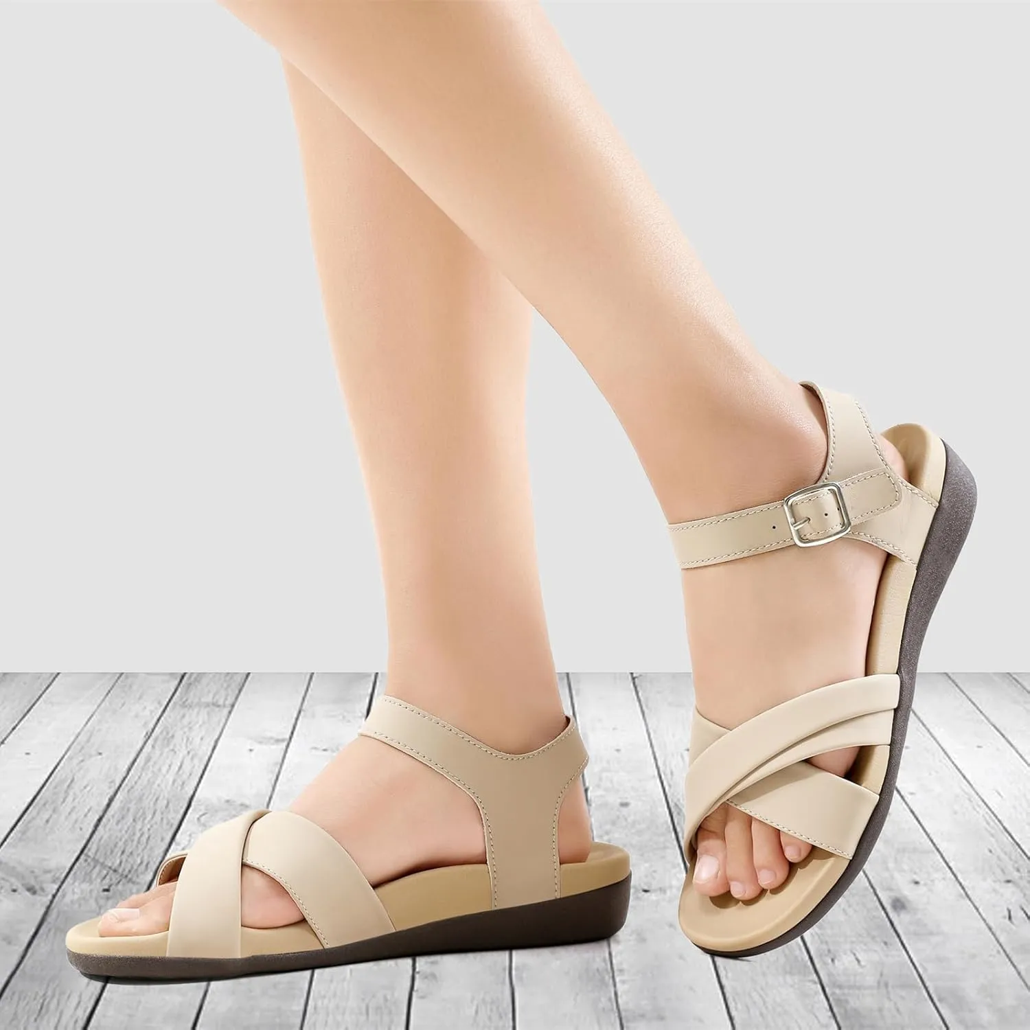 UTENAG Women's Comfortable Walking Flat Sandals Arch Support Ankle Strap Strappy Sandals