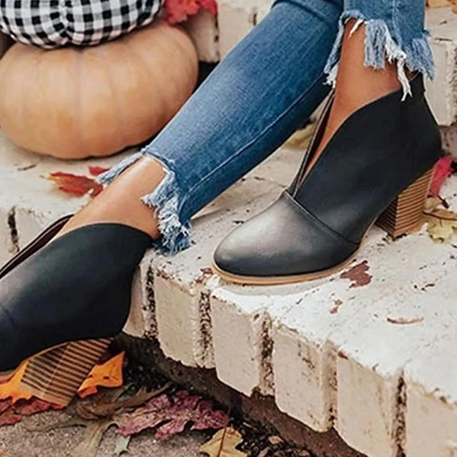 V Cut Ankle Boots Pull On Stacked Chelsea Booties Chunky Block Mid Heel Wedge Booties Almond Toe Low Top Suede Stylish Boots for Women Dressy Winter Fall Fashion Party
