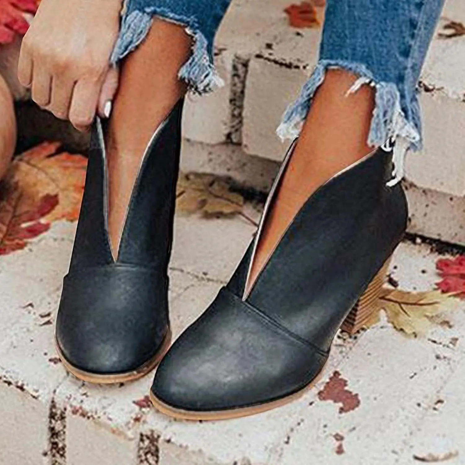 V Cut Ankle Boots Pull On Stacked Chelsea Booties Chunky Block Mid Heel Wedge Booties Almond Toe Low Top Suede Stylish Boots for Women Dressy Winter Fall Fashion Party