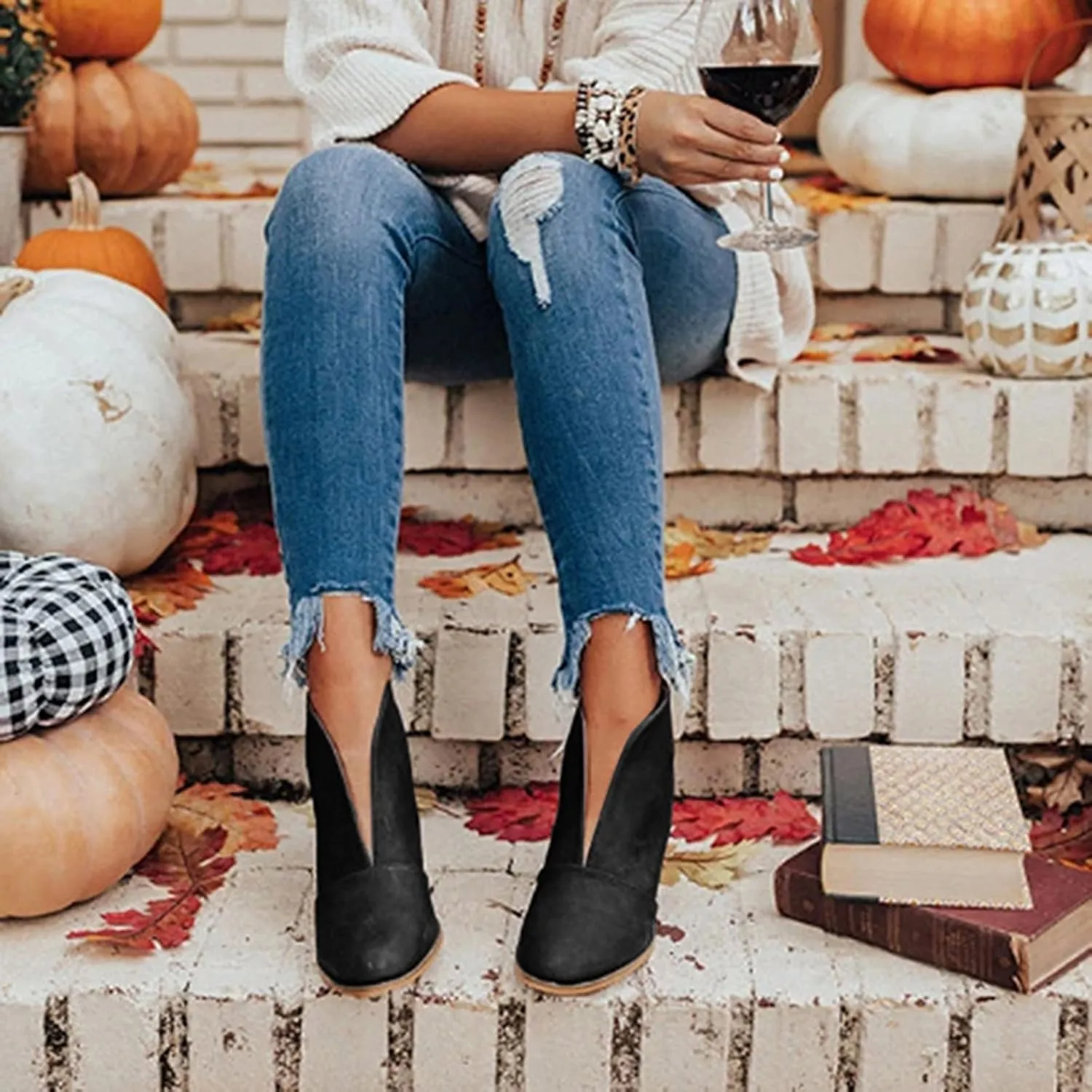 V Cut Ankle Boots Pull On Stacked Chelsea Booties Chunky Block Mid Heel Wedge Booties Almond Toe Low Top Suede Stylish Boots for Women Dressy Winter Fall Fashion Party