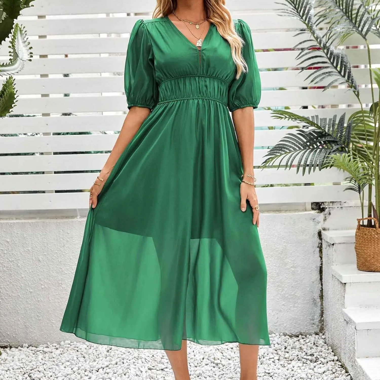 V Neck Puff Sleeve Midi Dress for Women with Elastic Waist Comfortable Casual Spring Summer Party Dress