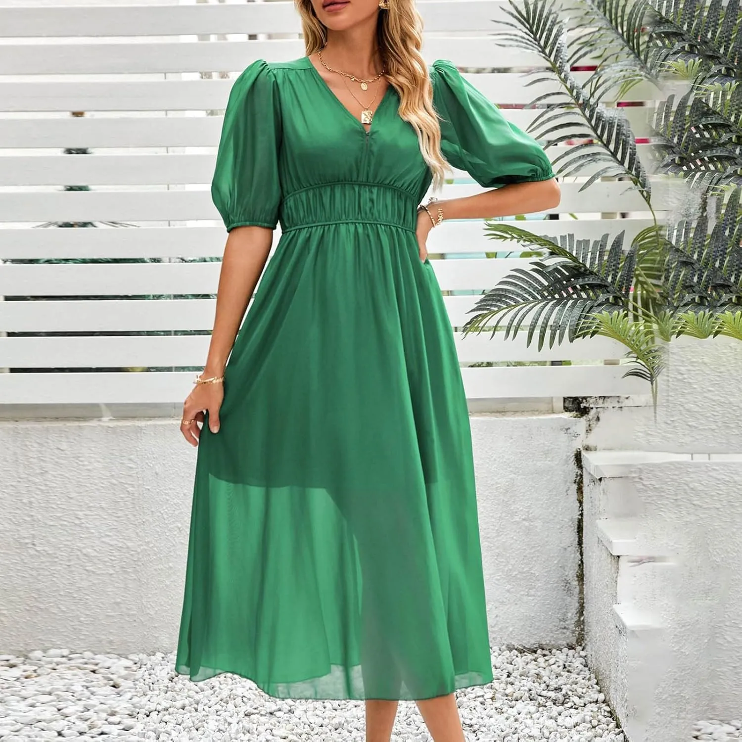 V Neck Puff Sleeve Midi Dress for Women with Elastic Waist Comfortable Casual Spring Summer Party Dress