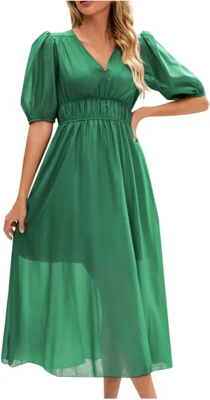 V Neck Puff Sleeve Midi Dress for Women with Elastic Waist Comfortable Casual Spring Summer Party Dress