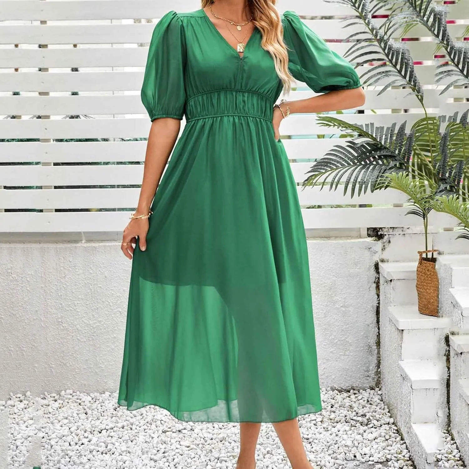 V Neck Puff Sleeve Midi Dress for Women with Elastic Waist Comfortable Casual Spring Summer Party Dress