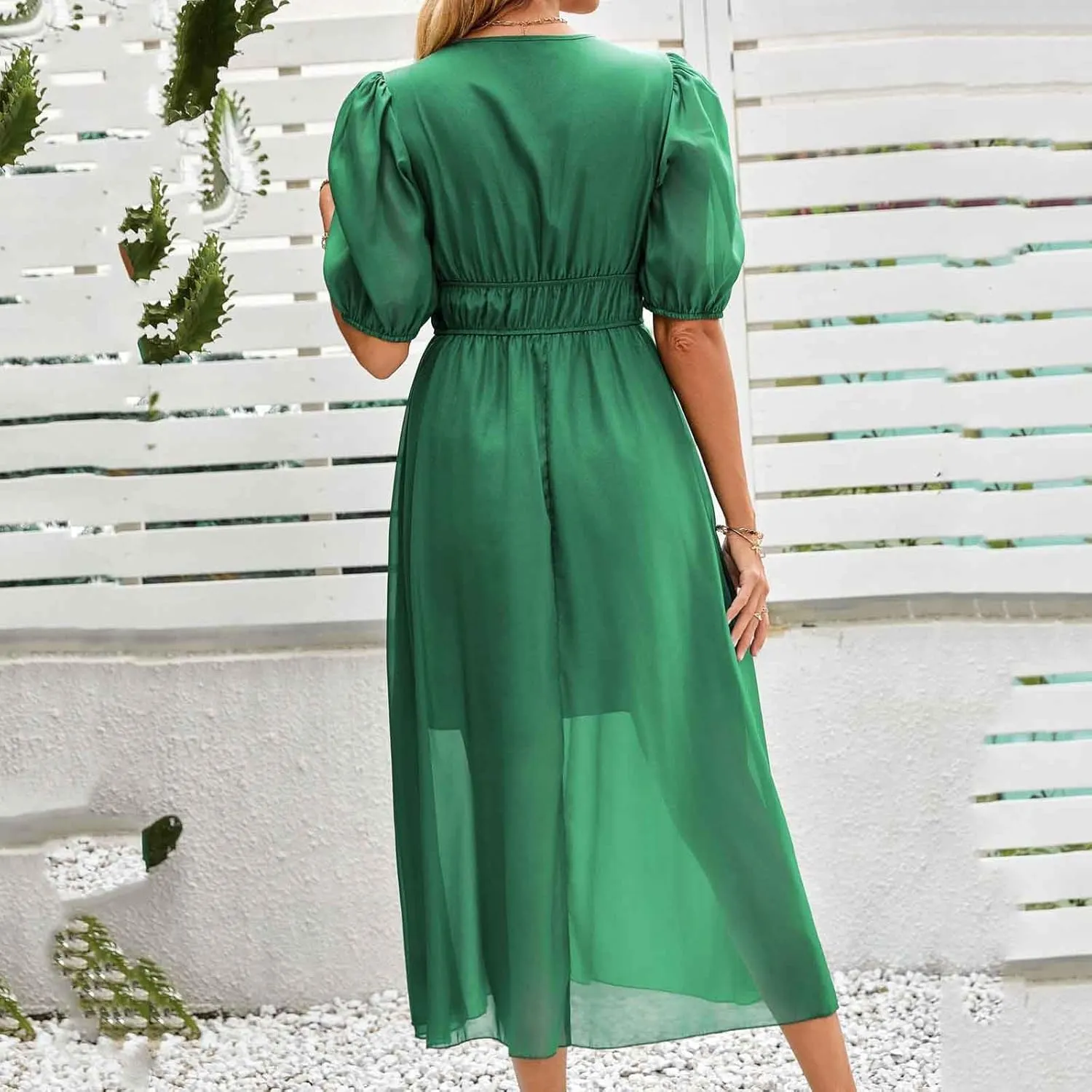 V Neck Puff Sleeve Midi Dress for Women with Elastic Waist Comfortable Casual Spring Summer Party Dress