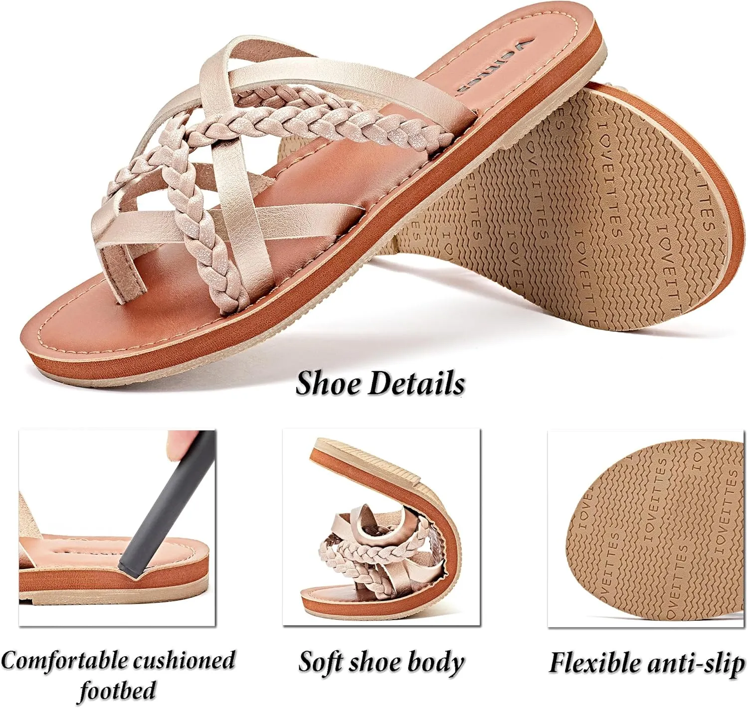 Veittes Women's Flat Sandals - Casual Cute Criss Cross Strappy Flat Summer Shoes.