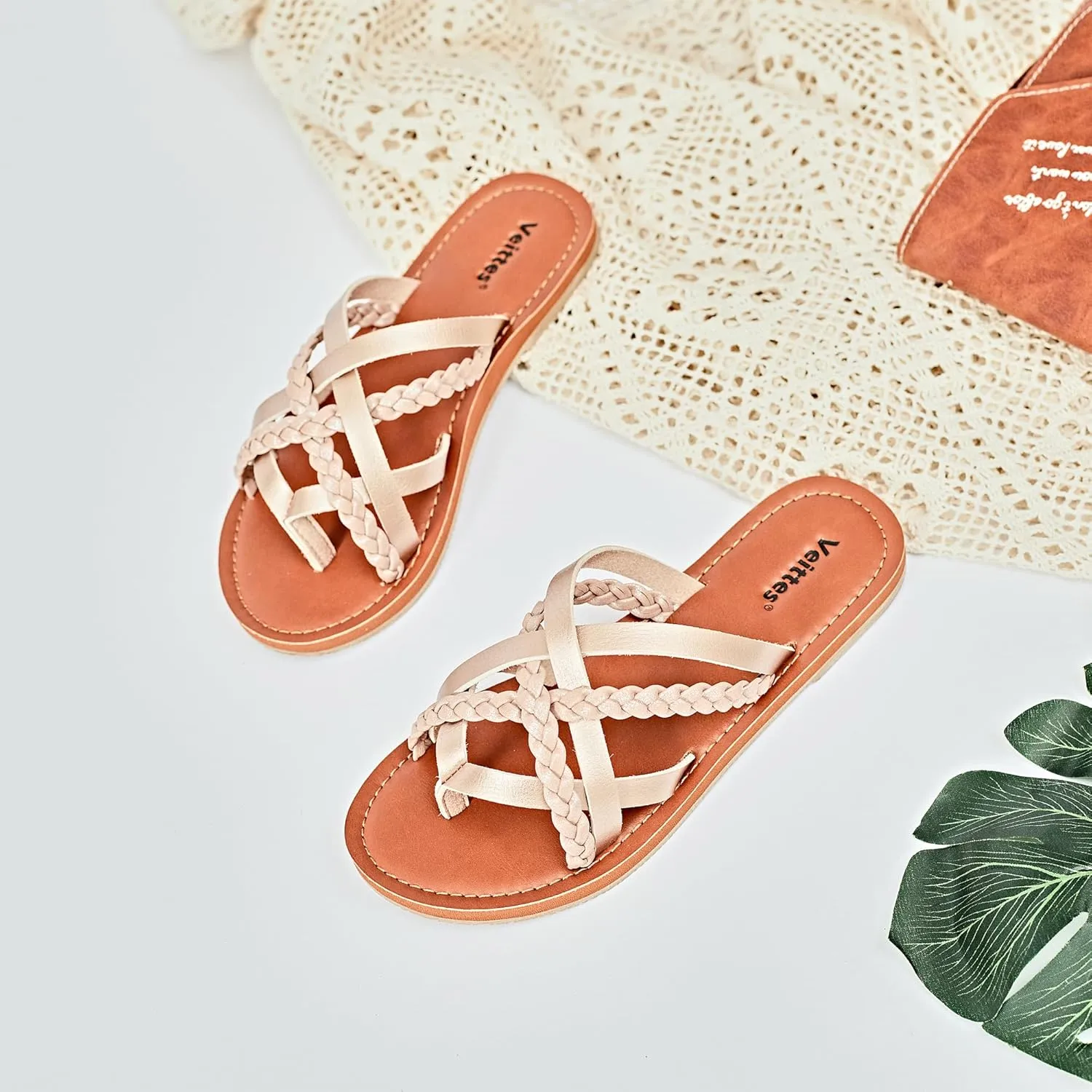 Veittes Women's Flat Sandals - Casual Cute Criss Cross Strappy Flat Summer Shoes.