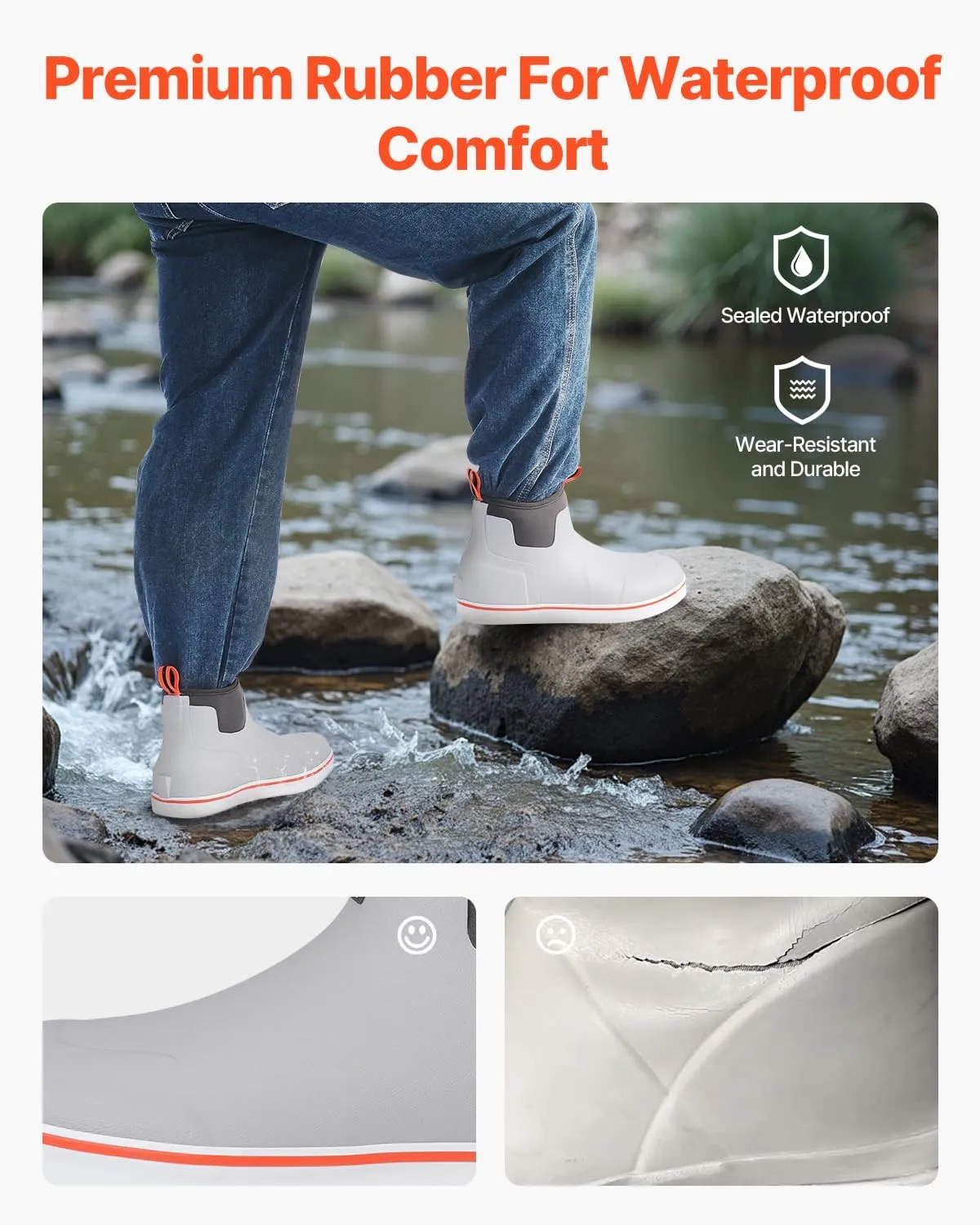 VEVOR Men's Deck Waterproof Fishing Rain, Anti-Slip Ankle Rubber Outdoor Work Shoes, Gardening Insulated Mud Boots Footwear, Lightweight & Durable, for Manufacturing, Farming, Size 9 US