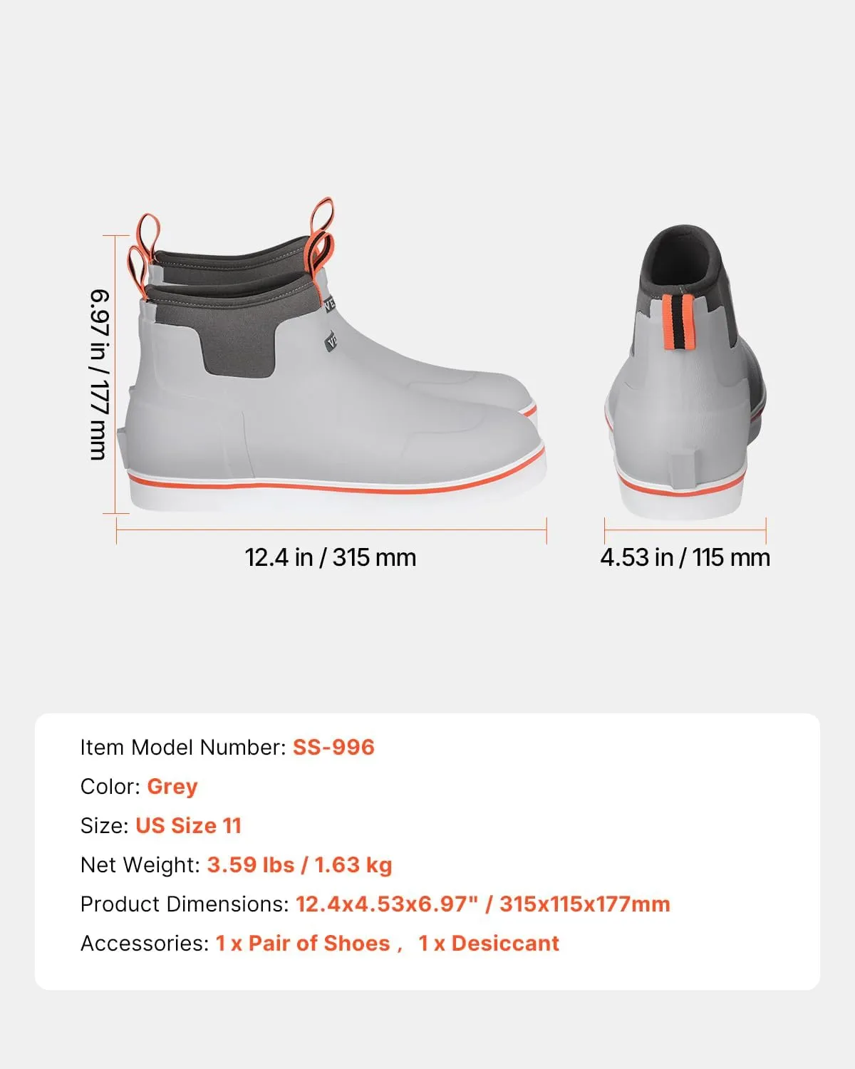 VEVOR Men's Deck Waterproof Fishing Rain, Anti-Slip Ankle Rubber Outdoor Work Shoes, Gardening Insulated Mud Boots Footwear, Lightweight & Durable, for Manufacturing, Farming, Size 9 US