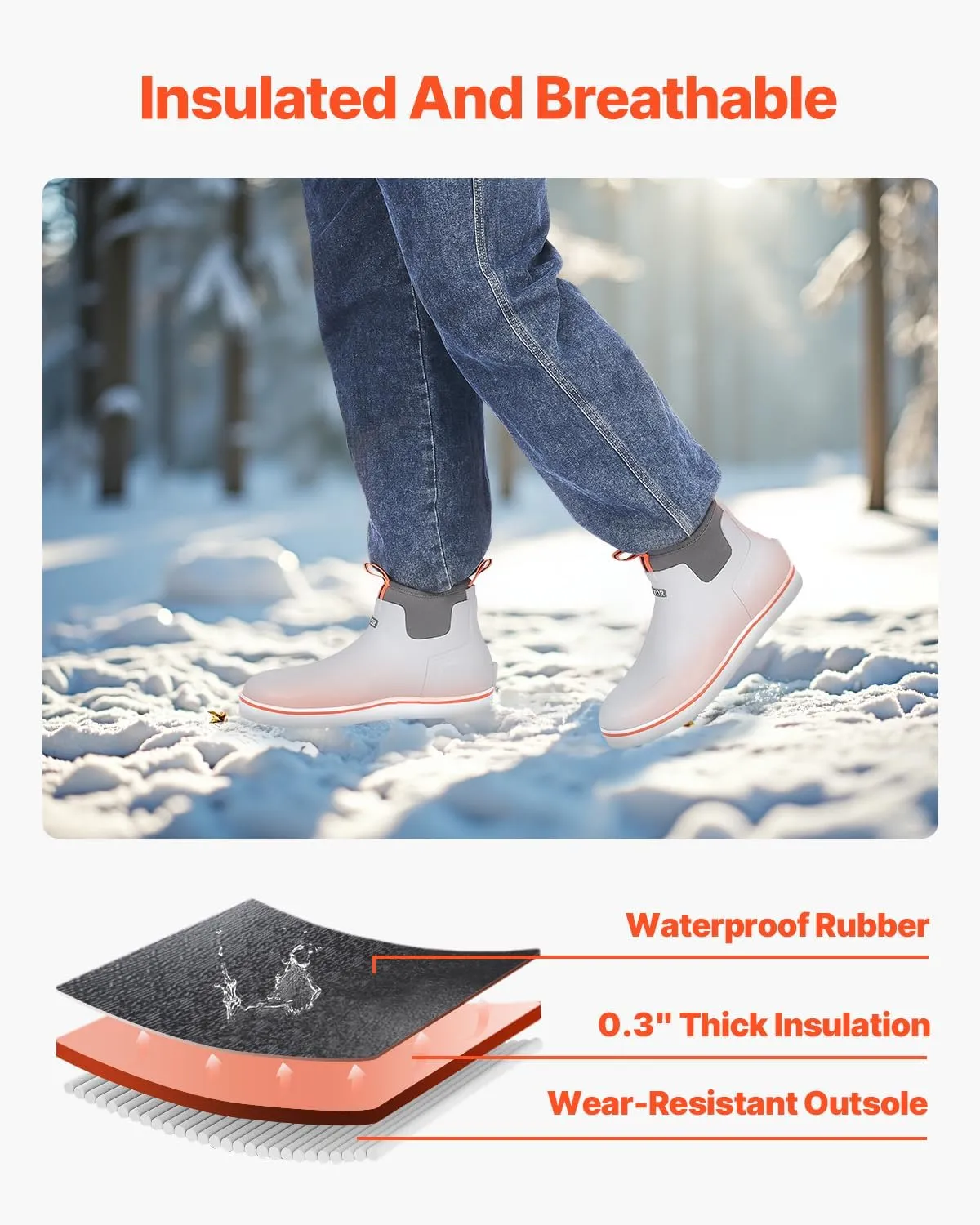 VEVOR Men's Deck Waterproof Fishing Rain, Anti-Slip Ankle Rubber Outdoor Work Shoes, Gardening Insulated Mud Boots Footwear, Lightweight & Durable, for Manufacturing, Farming, Size 9 US