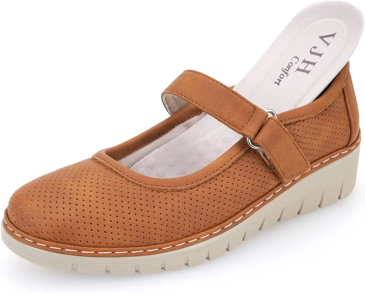 VJH confort Women s Mary Jane Flats, Breathable Comfort Round Toe Low Heel Slip-on Light Weight Walking Shoes