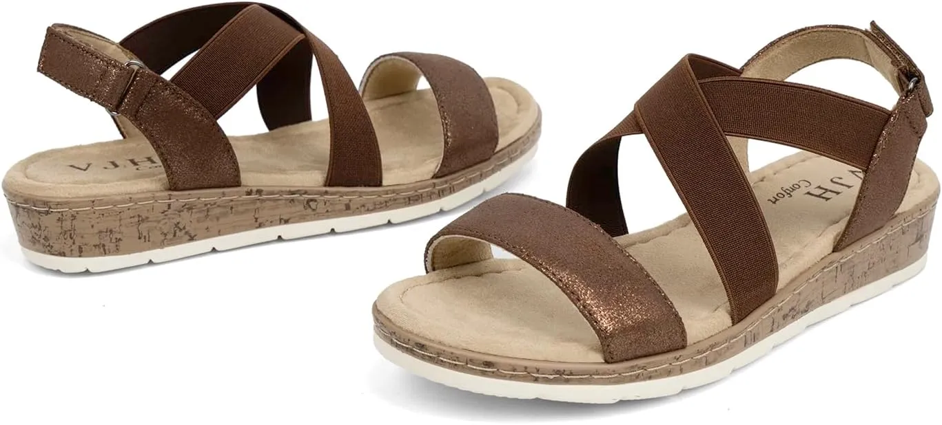 VJH confort Women's Flat sandals, Comfort Slip-on Elastic ankle strap Slingback Light Weight Casual Walking Sandals