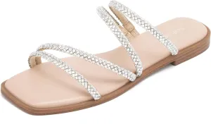 vodvob Women's Rhinestone Flat Sandals Slip on Memory Foam Sandals Open Toe Slide Sandals