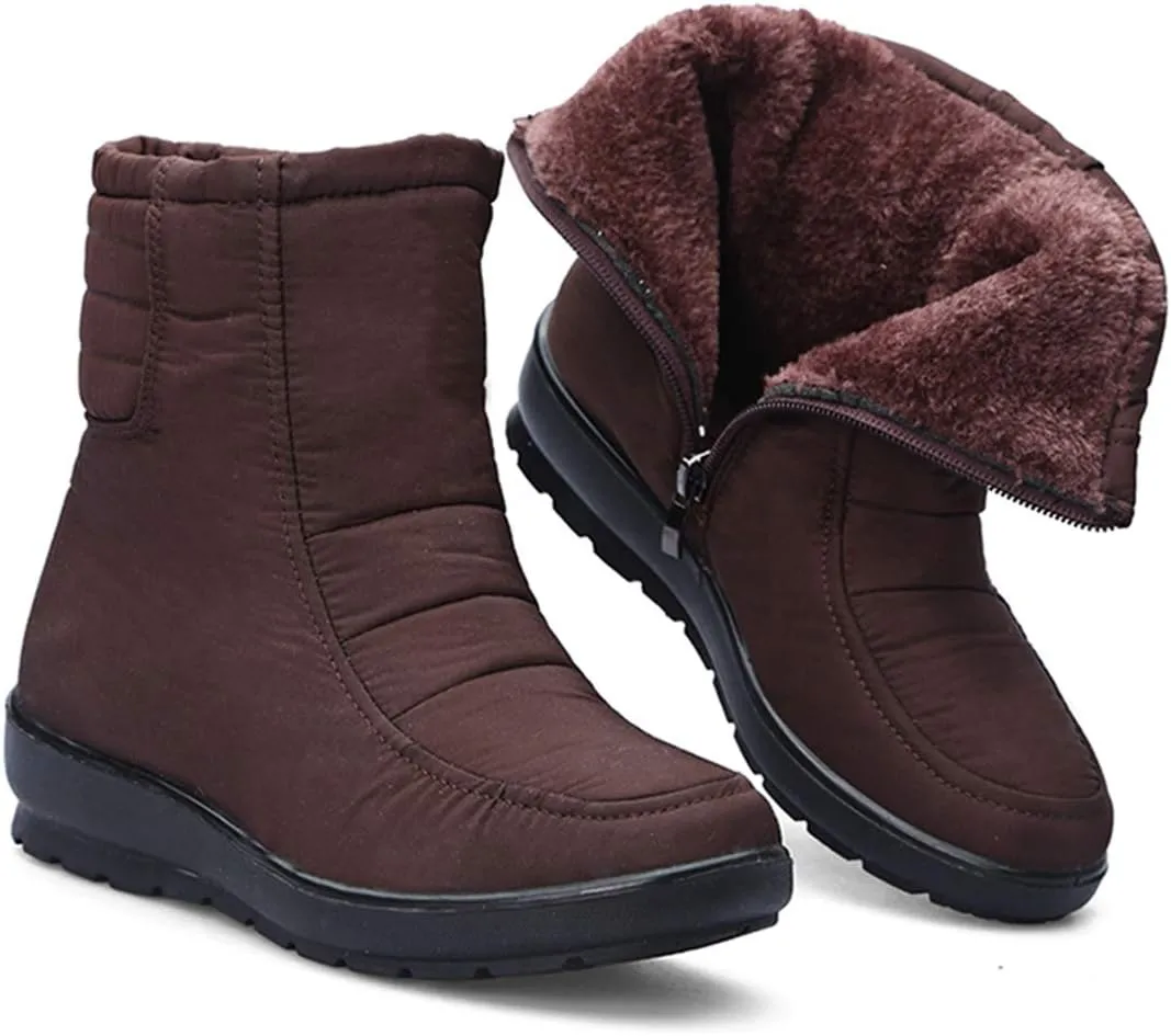 VOKLIN Women's Winter Fur Snow Ankle Boots Waterproof Rain Zipper Lightweight Anti-slip Snow Short Booties