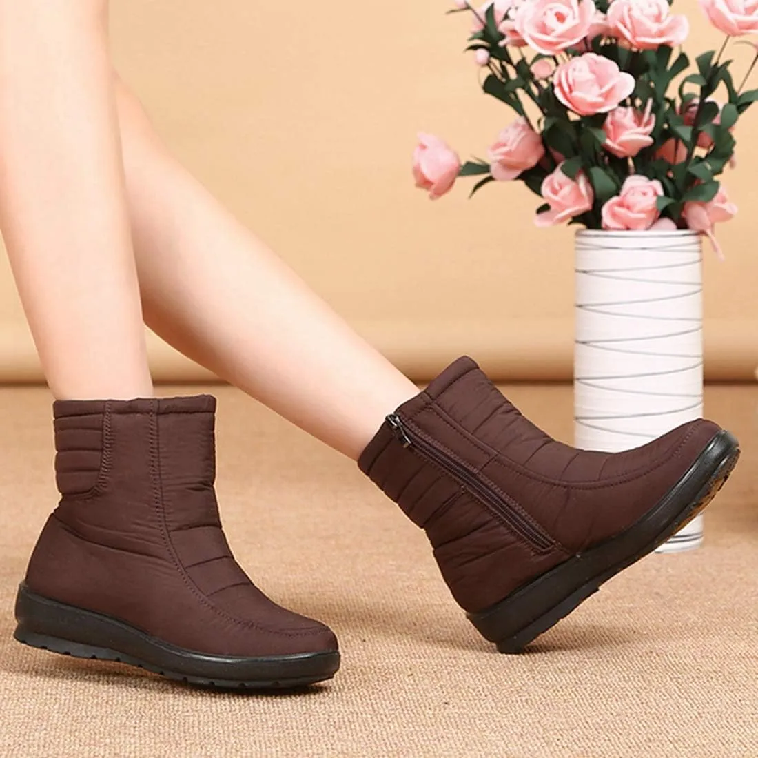 VOKLIN Women's Winter Fur Snow Ankle Boots Waterproof Rain Zipper Lightweight Anti-slip Snow Short Booties