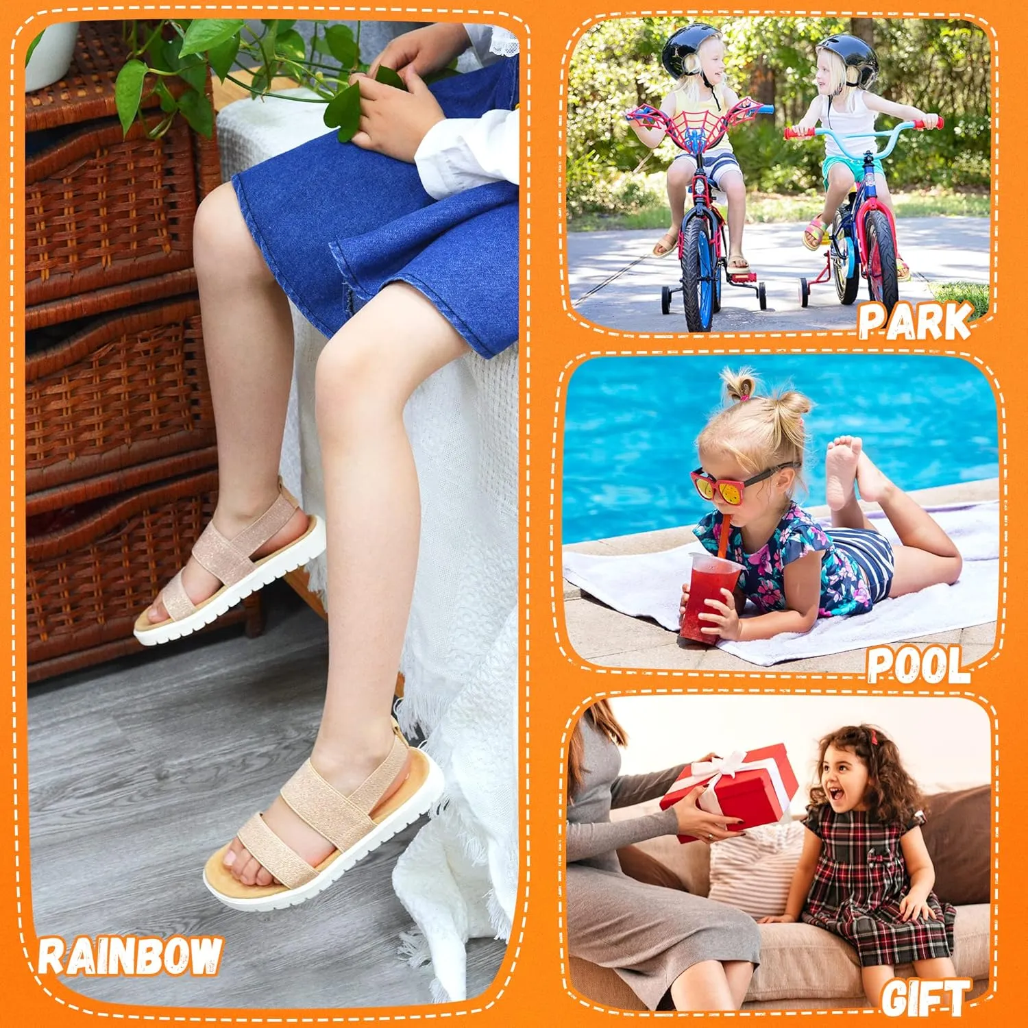 Vonair Girls Rainbow Sandals Open Toe Elastic Back Strap Comfortable Summer Sandals with Soft Rubber Sole