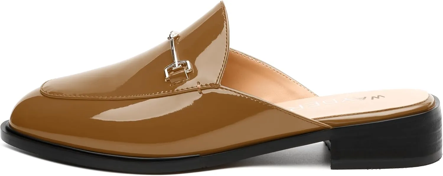 WAYDERNS Mules for Women Slides Loafer Shoes with Low Block Heel Round Closed Toe Comfortable Casual Patent Slip on Backless Loafers Work Business Office Shopping Buckle Mules